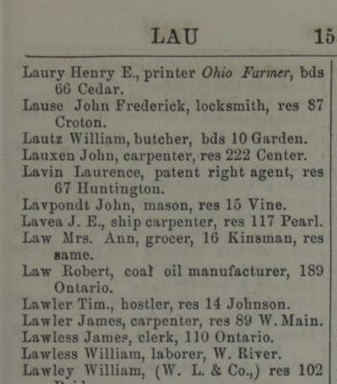 1861 Cleveland city directory listing documenting Fred Lau as a locksmith